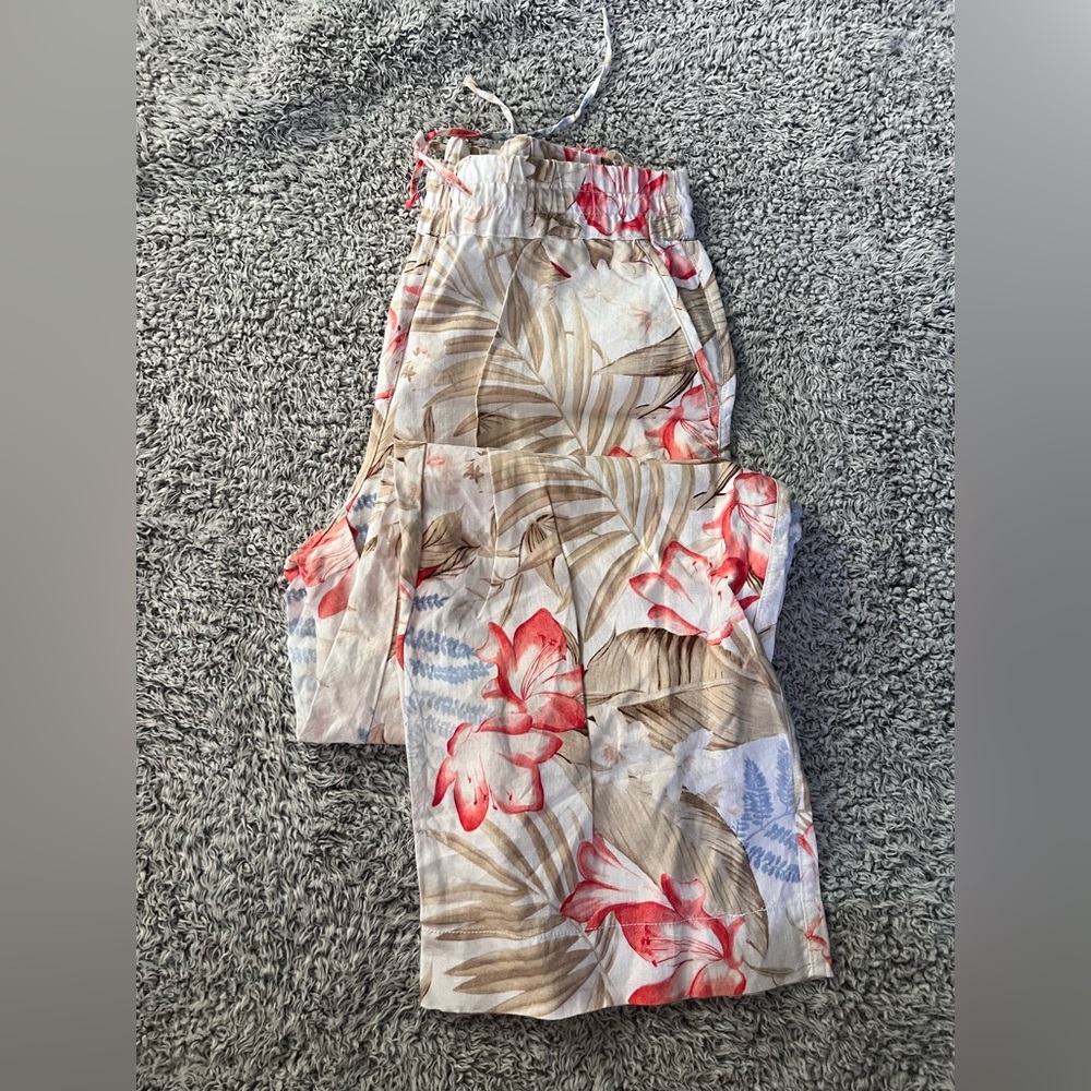 Tommy Bahama Cream Wide-Leg linen Tropical Floral Pants